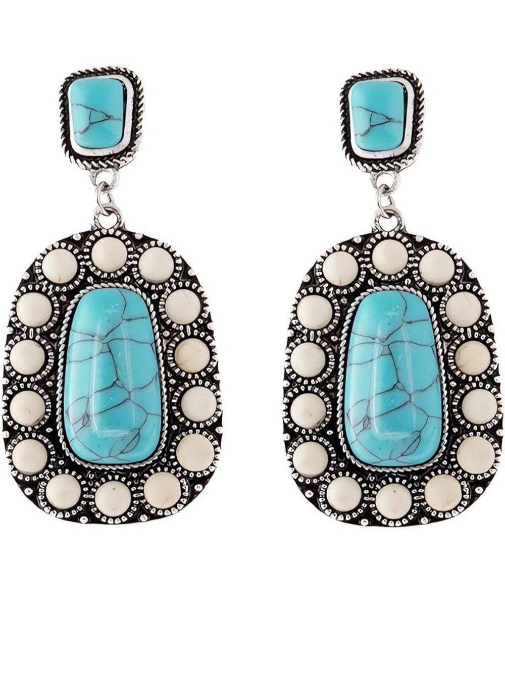 Turquoise and Cream Statement Drop Earrings - Western-Inspired